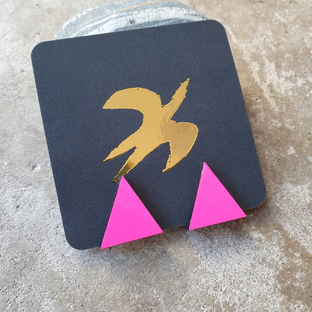 Neon pink triangular stud earrings