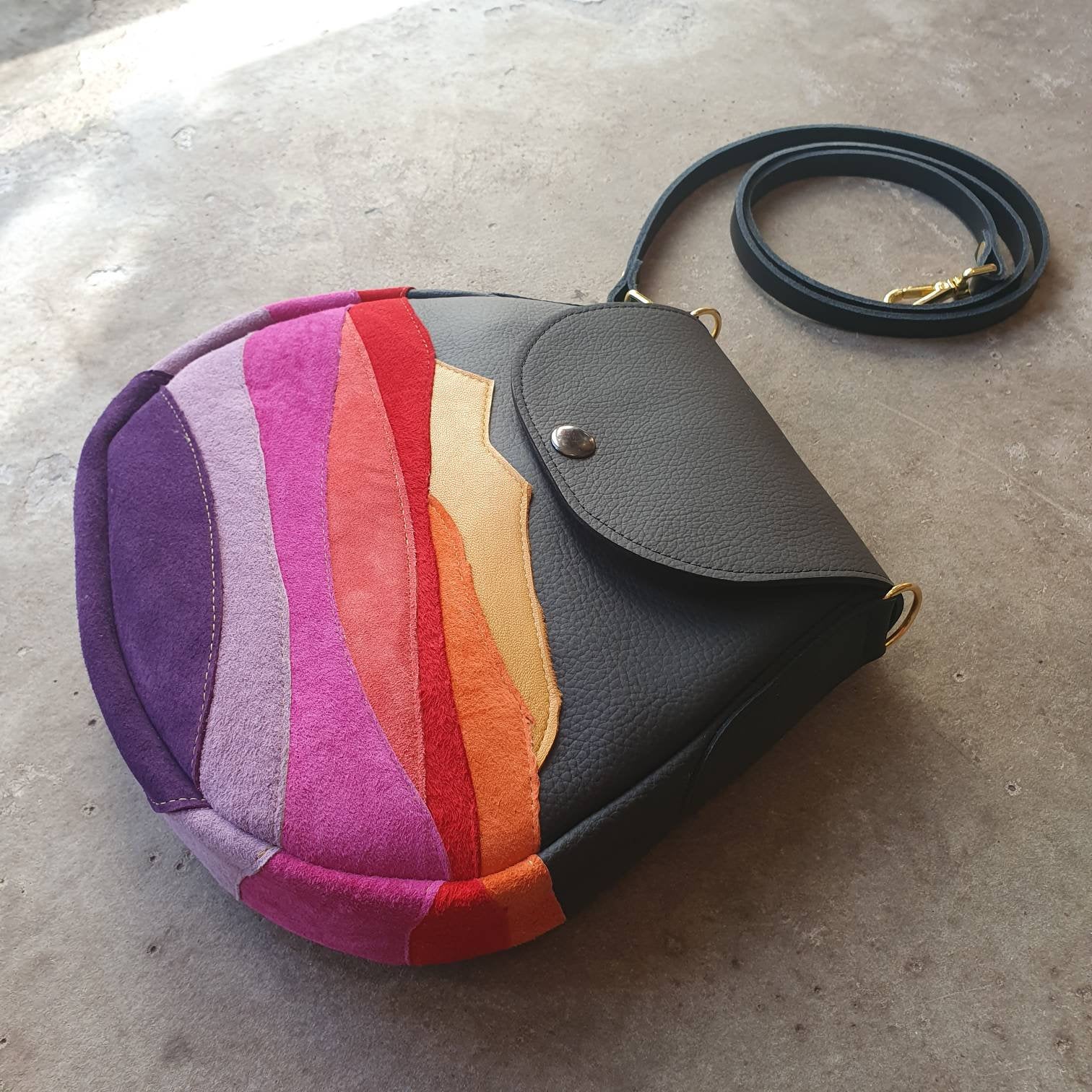 Multi-coloured leather and suede crossbody handbag