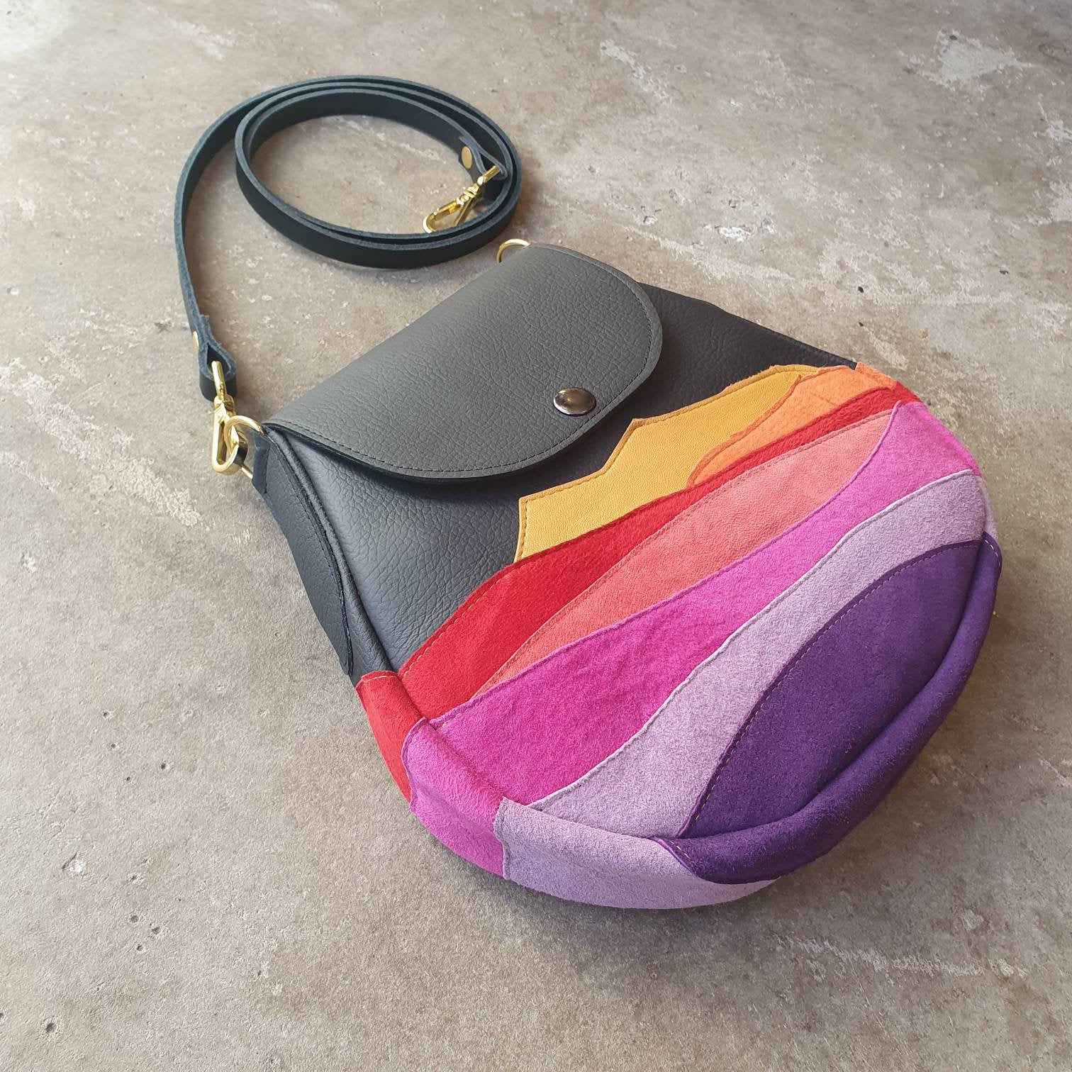 Multi-coloured leather and suede crossbody handbag