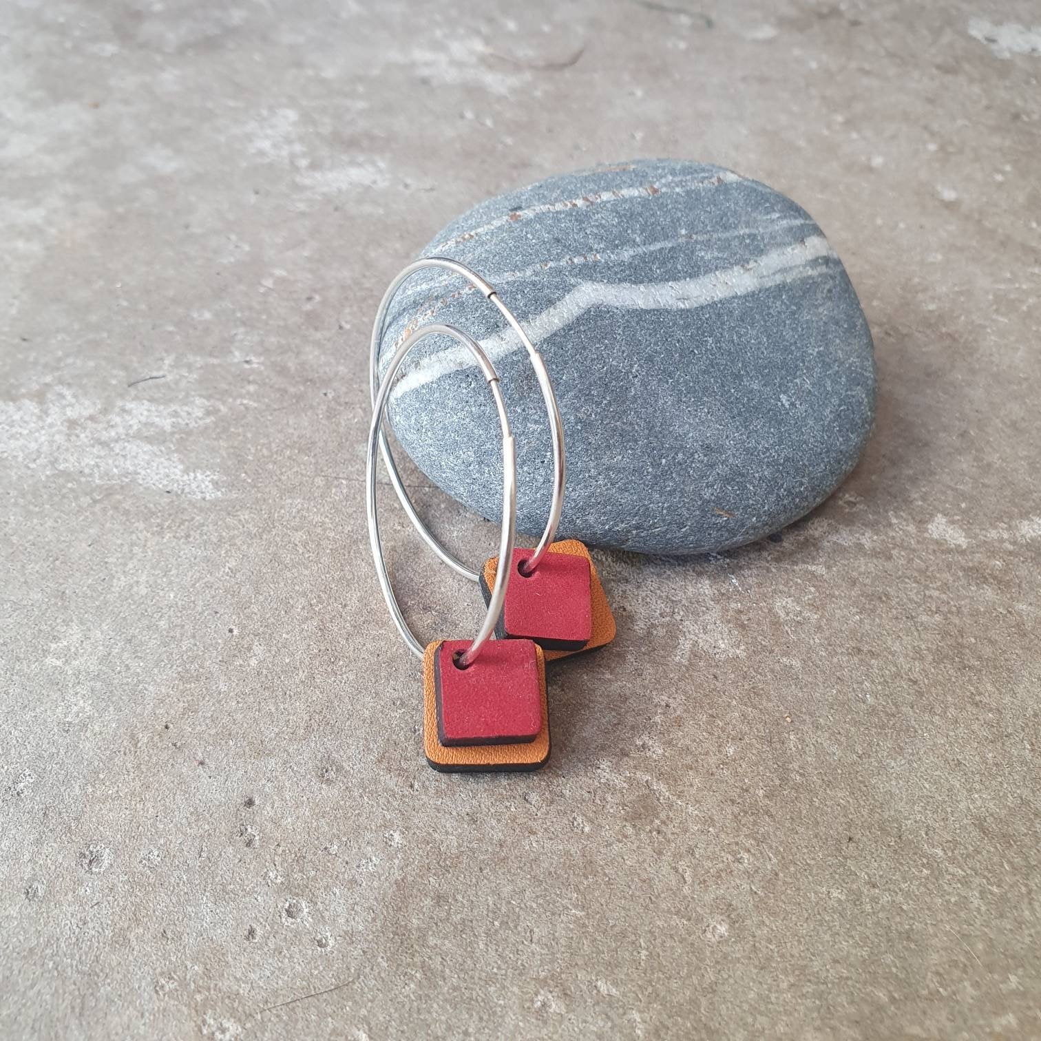 Red and orange double squared 38mm silver hoops