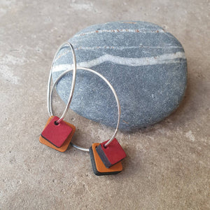 Red and orange double squared 38mm silver hoops