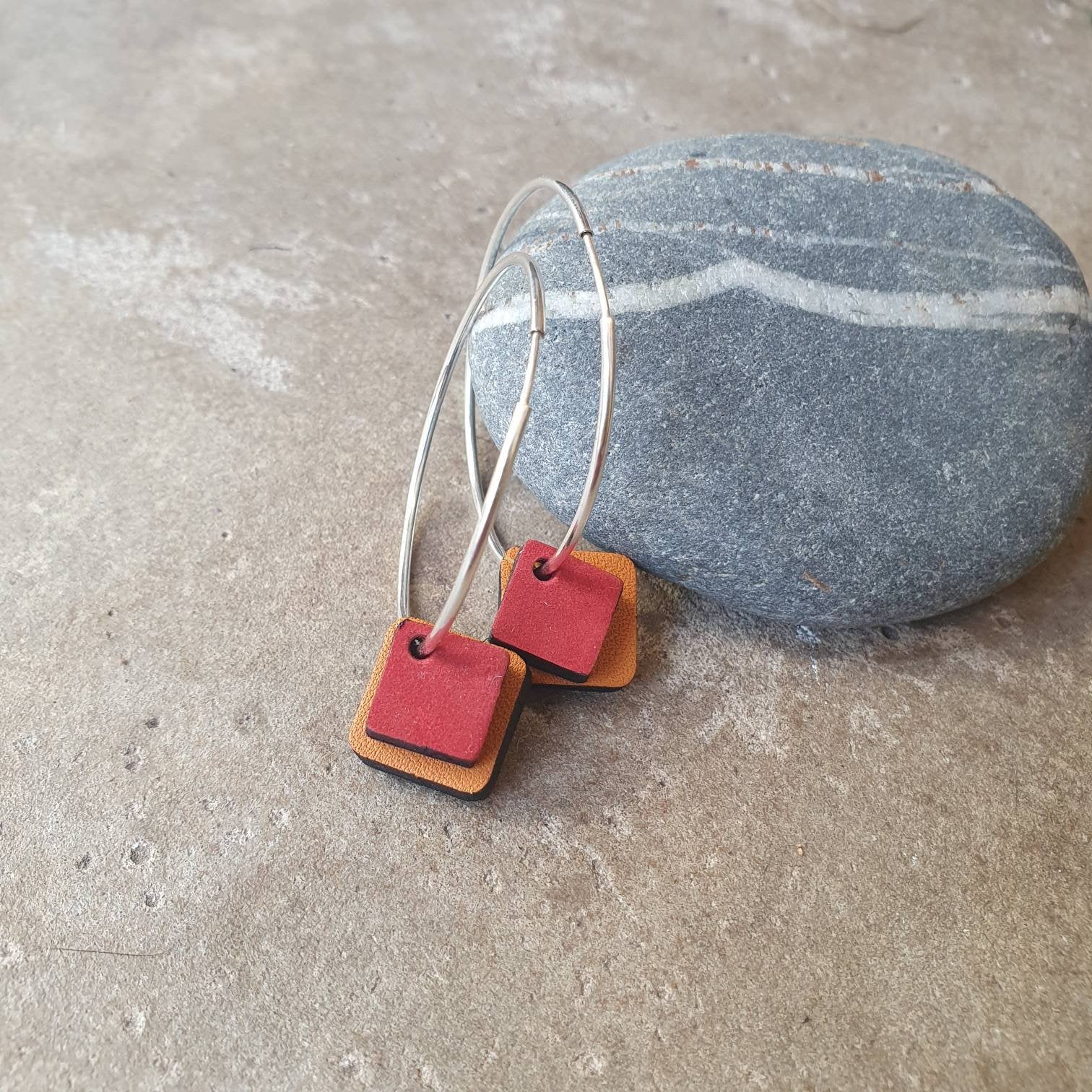 Red and orange double squared 38mm silver hoops