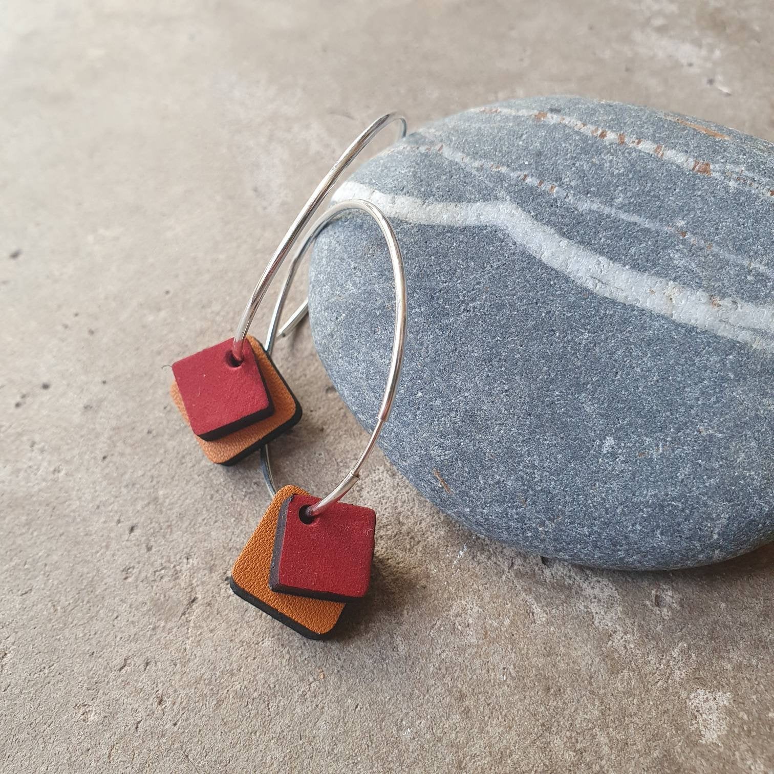 Red and orange double squared 38mm silver hoops