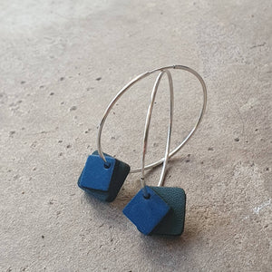 Teal and petrol blue double squared 38mm silver hoops