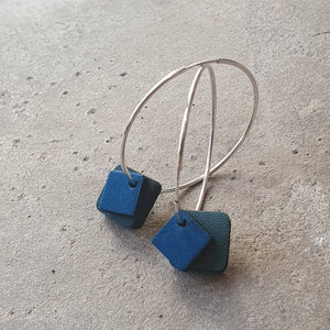 Teal and petrol blue double squared 38mm silver hoops