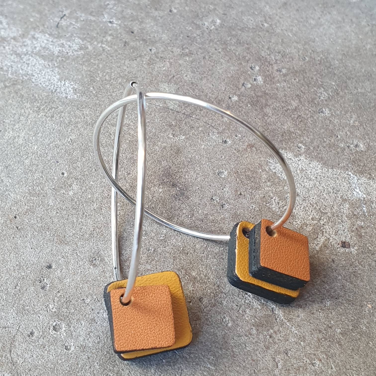 Mustard and tan double squared hoop earrings