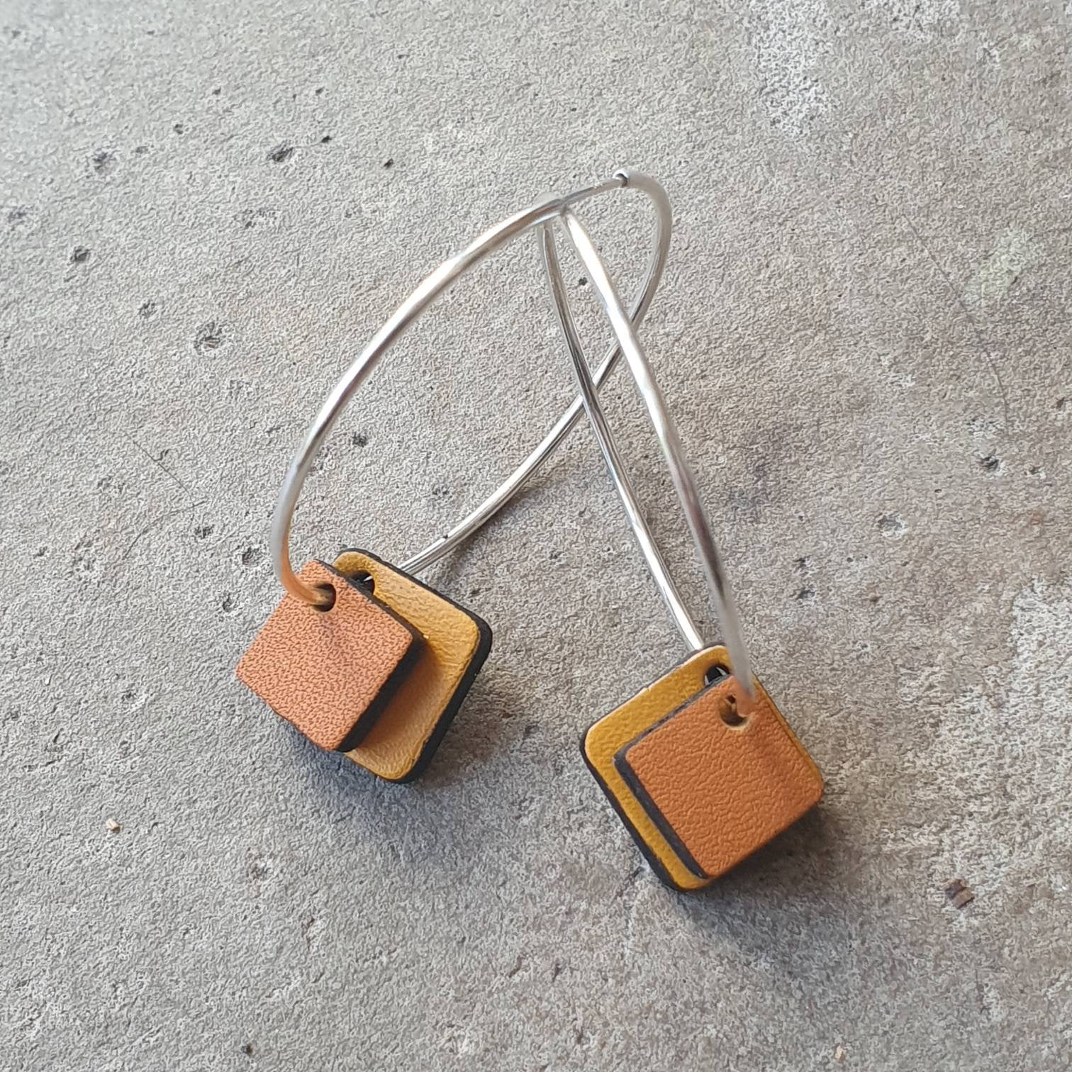 Mustard and tan double squared hoop earrings