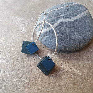 Teal and petrol blue double squared 38mm silver hoops