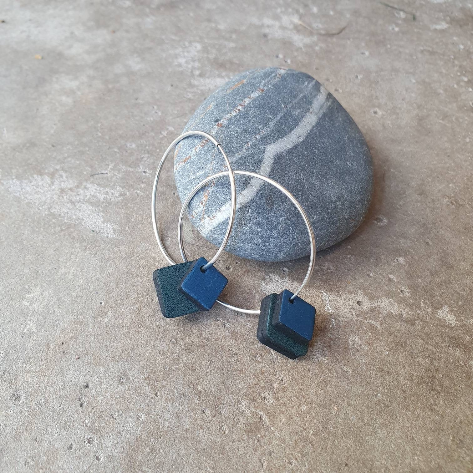 Teal and petrol blue double squared 38mm silver hoops