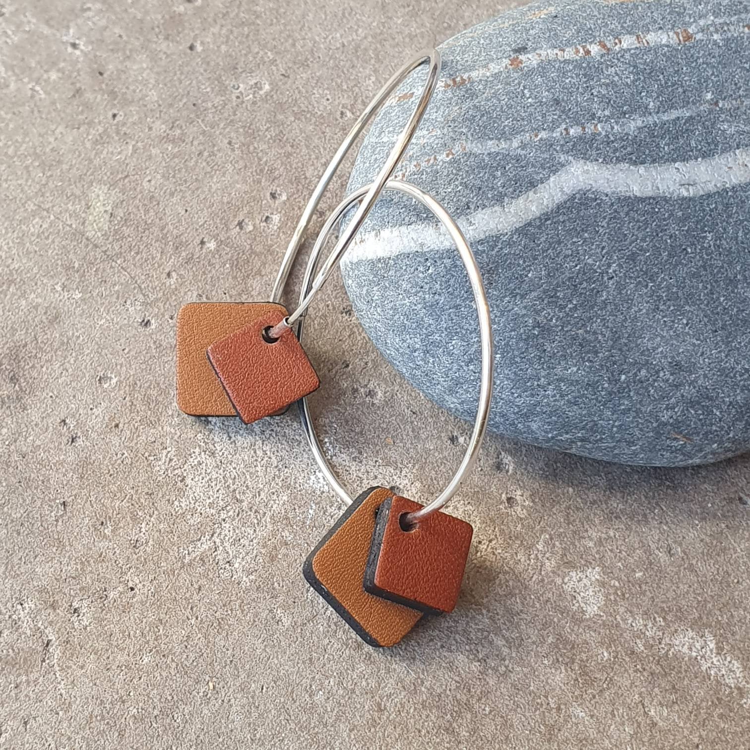 Tan double squared silver hoop earrings